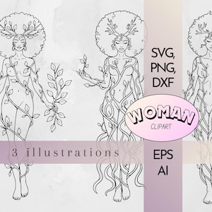 Afro Goddess Forest Silhouette | Black Woman Nature Line Art | Tree Spirit Clipart | Spiritual Feminine Png Eps Ai DXF