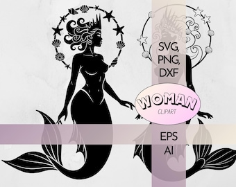 Afro Goddess Mermaid | Divine Feminine Ocean Spirit Clipart | Oceana maiden Circuit Silhouette Digital Clipart Png Eps Ai DXF
