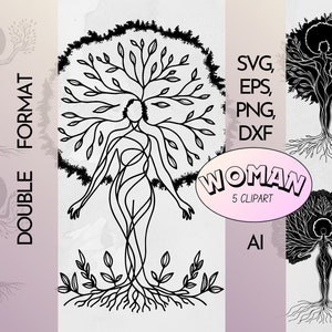 Ecos de Gaia: Pacote Deusa Afro | Silhueta De 5 Mulheres Negras Clipart Digital Png Eps Ai DXF Woman Tree SVG | Mulher afro árvore PNG