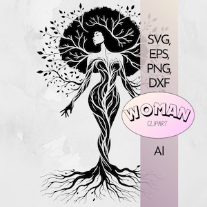 全身女性の木のSVG | アフロ女性の木のPNG | 女性のエンパワーメント 黒人女性のシルエット デジタルクリップアートPng Eps Ai DXF