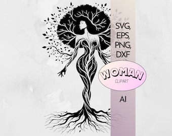 Full Length Woman Tree SVG | Afro Woman Tree PNG | Women Empowerment Black Women Silhouette Digital Clipart Png Eps Ai DXF