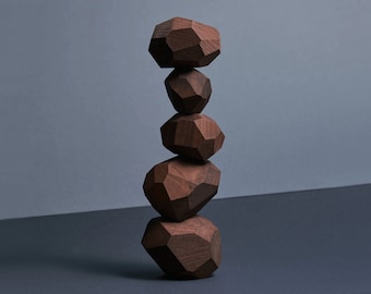 Stacking Blocks Walnut Hardwood, Modern, Living Room Sculpture & Children's Toy, Handmade in Japan