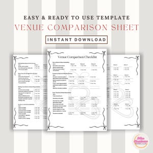 Może przedstawiać: Szablon arkusza porównawczego miejsc z tekstem "EASY & READY TO USE TEMPLATE" i "VENUE COMPARISON SHEET". Arkusz zawiera listę kontrolną do porównywania opcji miejsc, z sekcjami dotyczącymi podstawowych informacji o miejscu, opcji ceremonii i szczegółów wydarzenia. Widoczny jest również tekst "INSTANT DOWNLOAD".