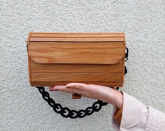 Bolso de mano de listones de madera (madera de roble) hecho a mano