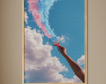 Arte mural con pintura del cielo, obra de arte surrealista con nubes, póster de una mano soñadora con un pincel, decoración de balcón caprichosa, fantasía moderna con acento de cielo azul.
