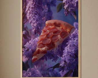 Pizza Slice and Lilac Flowers Art, Purple Floral Pizza Print, Fun Food and Flower Art, Unique Food Wall Decor, Purple Decor for Kitchen