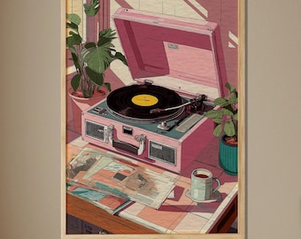 Retro Vinyl Record Player Art Print, Vintage Music Decor, Cozy Home Office Art, Nostalgic Wall Art, Pink Turntable Poster, Retro Home Decor