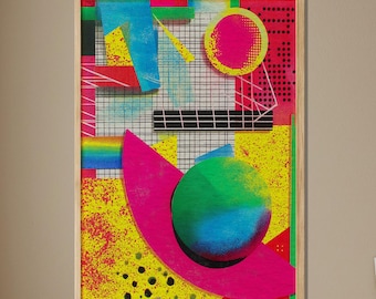 Vibrant Memphis Style Pop Art Wooden Poster 80s Geometric Abstract Wall Decor Neon Colors Retro Aesthetic Home Studio Apartment Gift Idea
