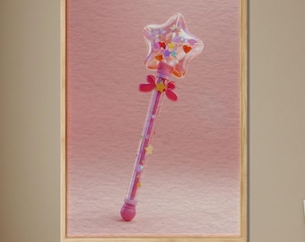 Pink Star Magic Wand Wooden Poster, Aesthetic Girly Room Decor, Whimsical Kids Fantasy Art Print, Cute Nursery Playroom Design, Abstract Art
