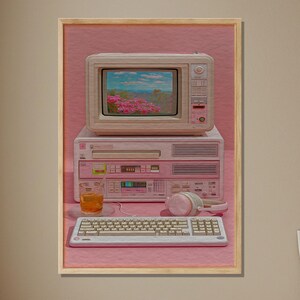 Retro Computer Art Print, Vintage 80s Computer Decor, Nostalgic Technology Art, Pink Computer Poster, Retro Computer Desk, Vintage Tech