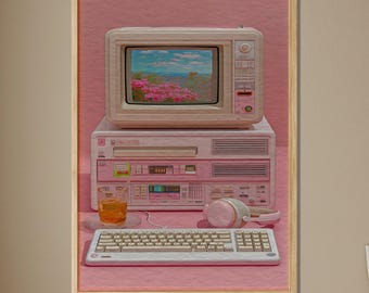 Retro Computer Art Print, Vintage 80s Computer Decor, Nostalgic Technology Art, Pink Computer Poster, Retro Computer Desk, Vintage Tech