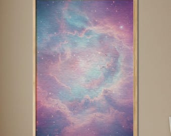 Póster de madera de galaxia nebulosa pastel, impresión artística de nube cósmica rosa y azul, decoración de pared de ensueño espacial, arte celestial etéreo para el hogar.