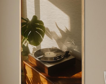 Vintage platenspeler Art Print, retro vinyl decor, minimalistische muurkunst, woonkamer muur decor, cadeau muziekliefhebber, klassiek retro artwork