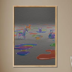 Surreal Melting Unicorn Wooden Poster, Rainbow Liquid Fantasy Animal Art, Unique Abstract Puddle Decor, Imaginative Whimsical Home Art