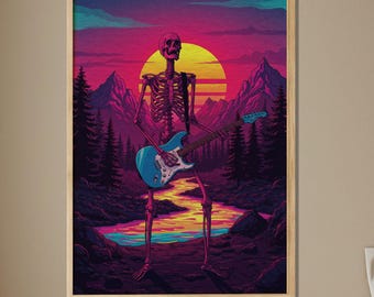 Art du coucher du soleil, guitariste squelette, art mural musique rock néon, déco squelette rétro, oeuvre de paysage de montagne, art rupestre abstrait coloré