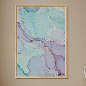 Soft Blue & Lilac Abstract Wooden Poster, Modern Watercolor Style Wall Print on Wood, Elegant Flowing Lines for Balcony, Calm Interior Space