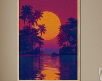Vaporwave Sunset Palm Tree Wooden Poster, Neon Aesthetic Tropical Landscape Print, Synthwave Pink and Blue Wall Decor, Retro Beach Home Art
