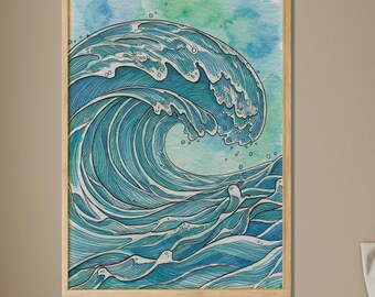 Ocean Wave Wooden Poster, Bold Watercolor Sea Art, Coastal Wall Decor
