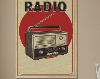 Vintage Radio Wall Art, Retro Music Poster, Wooden Framed Print, Old Style Radio Illustration Home Decor Artwork