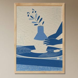 Keramische aardewerkkunstprint, blauwe en witte aardewerkillustratie, knutseldecor voor kunstenaars, kunst aan de muur aardewerk wiel, poster creatieve studio