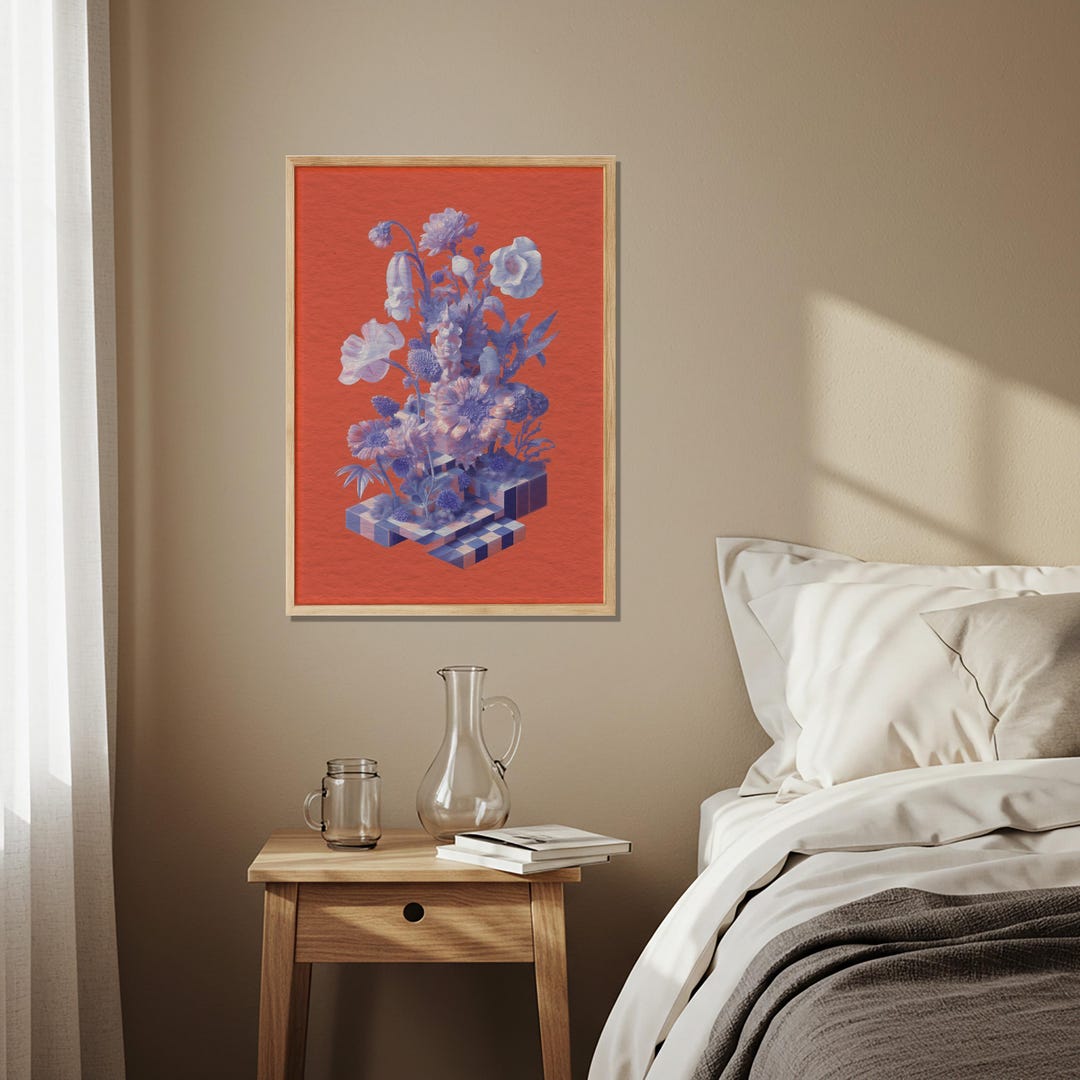 Abstract Floral Art Print, Blue and Orange Flower Poster, Modern Nature ...