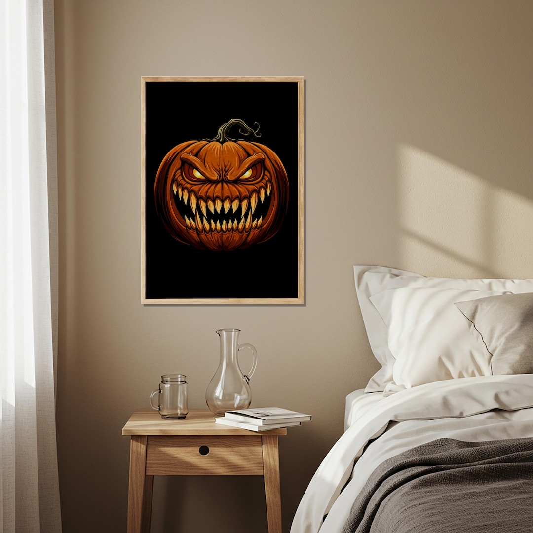Terrifying Jack O Lantern Wooden Poster, Scary Halloween Pumpkin Art ...