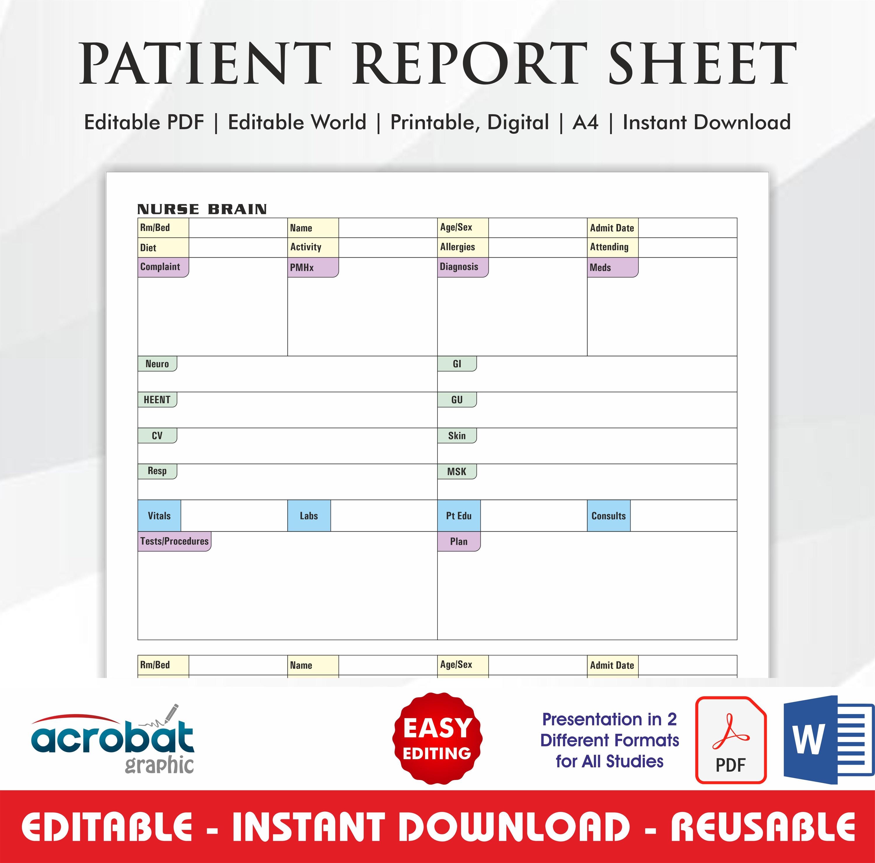 Nurse Brain Sheet PDF | Editable 2 Patient Report | Med Surg ICU ...