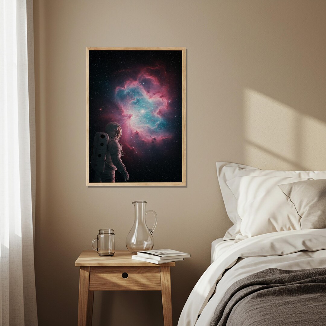 Surreal Astronaut Nebula Wooden Poster, Space Explorer Cosmic Art Print ...