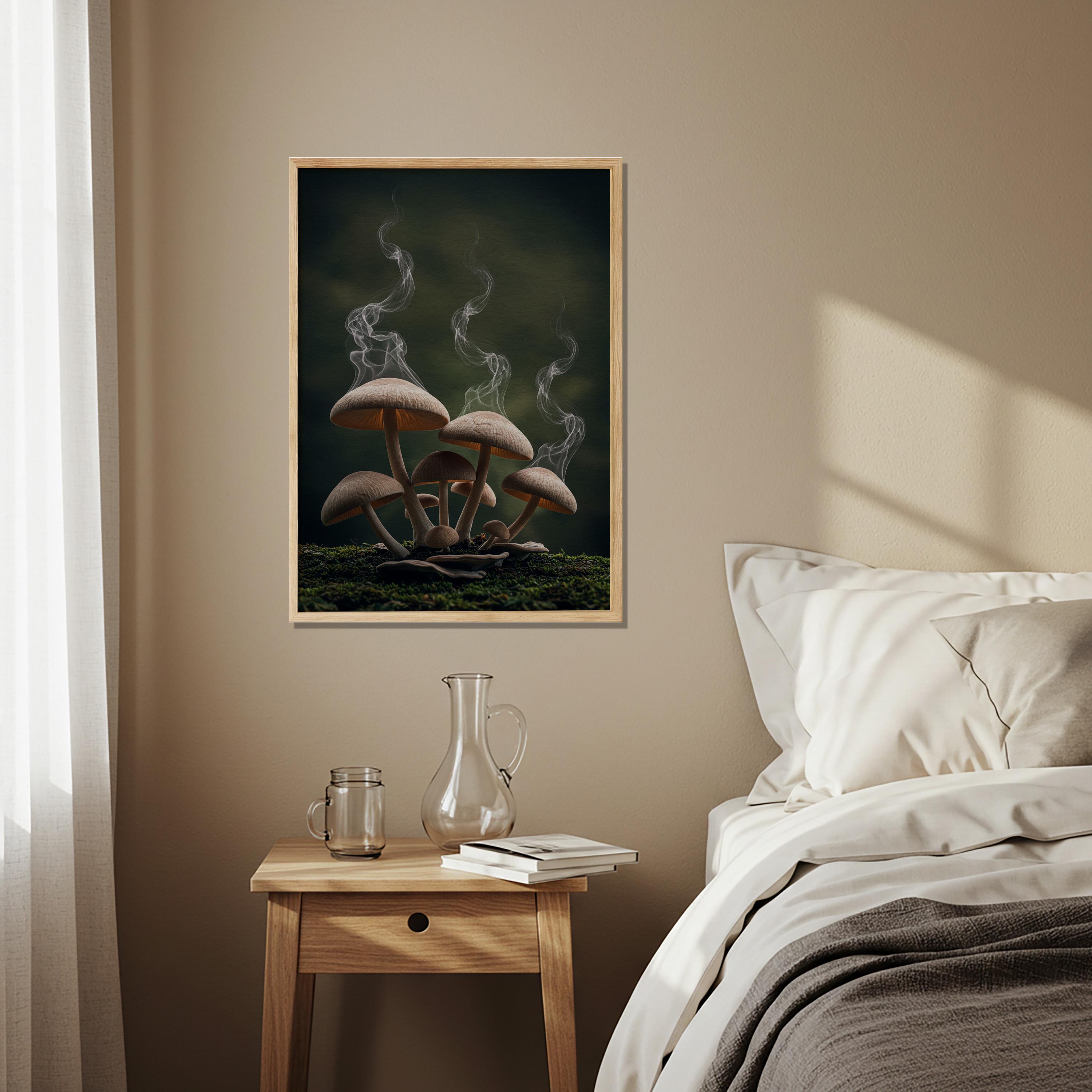 Surreal Moody Mushroom Wooden Poster, Smoking Fungi Fantasy Art Print ...