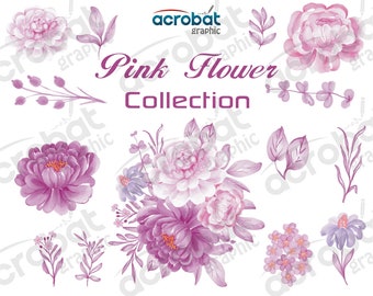Watercolor Rose Clipart: Pink Floral Bouquet (Digital Download, 14 PNGs, 300 DPI, 12"x12")