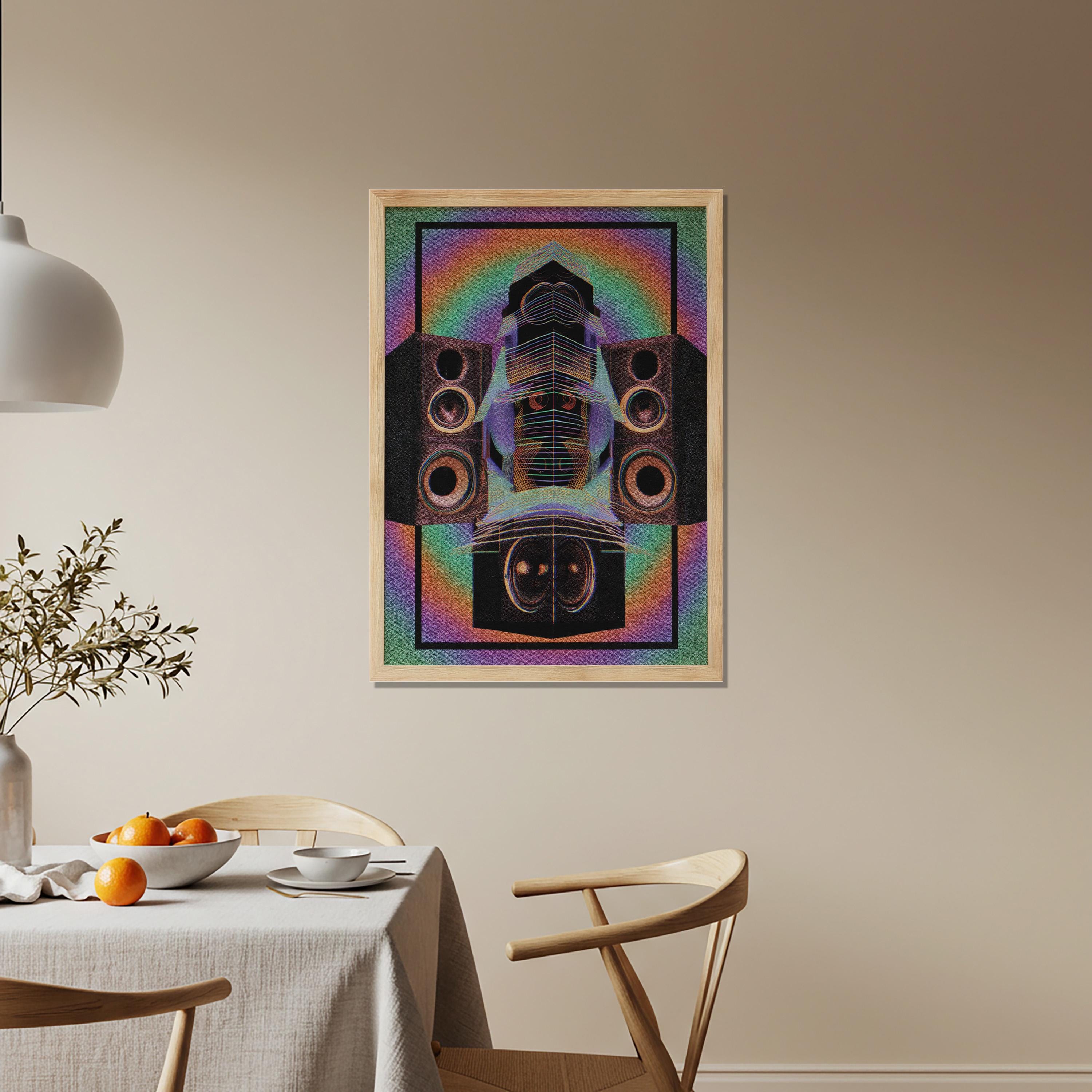 Retro Futuristic Speaker Wall Art, Wooden Framed Music Print