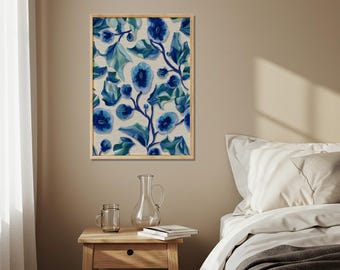 Arte floral azul, estampado de flores en acuarela, decoración escandinava, póster de amapola azul, decoración vintage para el hogar, arte para sala de estar o dormitorio.