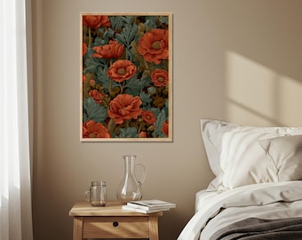 Vintage Poppy Flower Wall Art, Orange Floral Print, Boho Home Decor, Nature-Inspired Artwork, Retro Botanical Poster for Living Room Bedroom