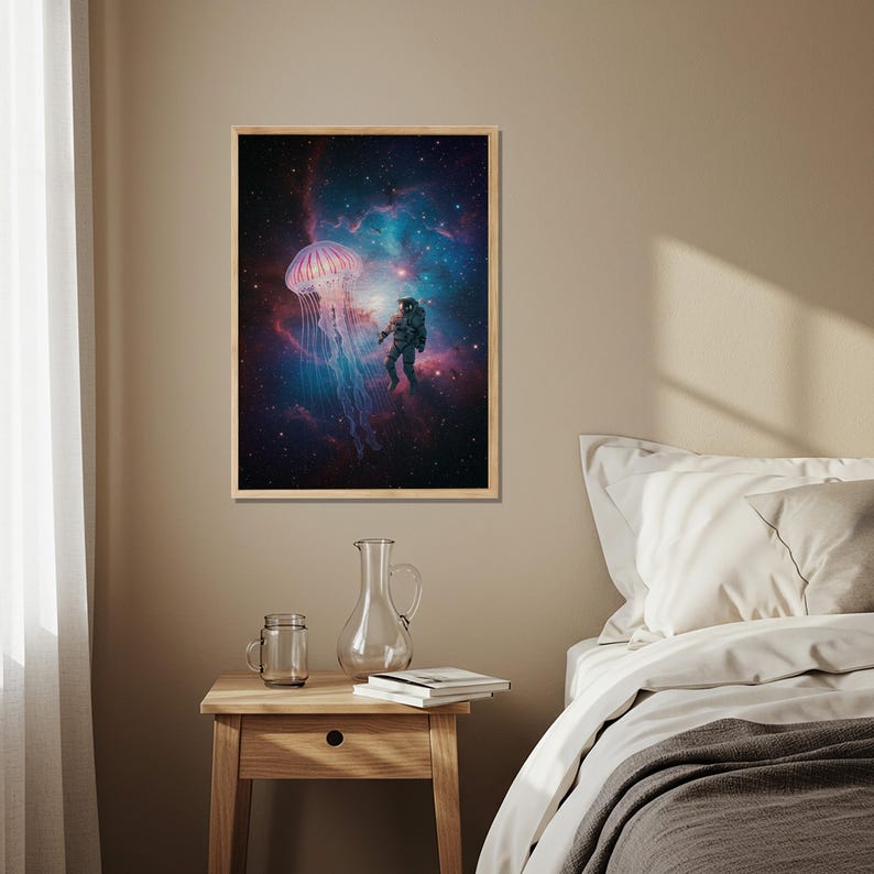 Surreal Cosmic Jellyfish Wooden Poster, Astronaut Space Nebula Art ...