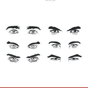 May include: A set of nine black and white illustrations of different eye expressions. The eyes are drawn in a simple, stylized manner, with various eyebrow shapes and pupil positions to convey different emotions.