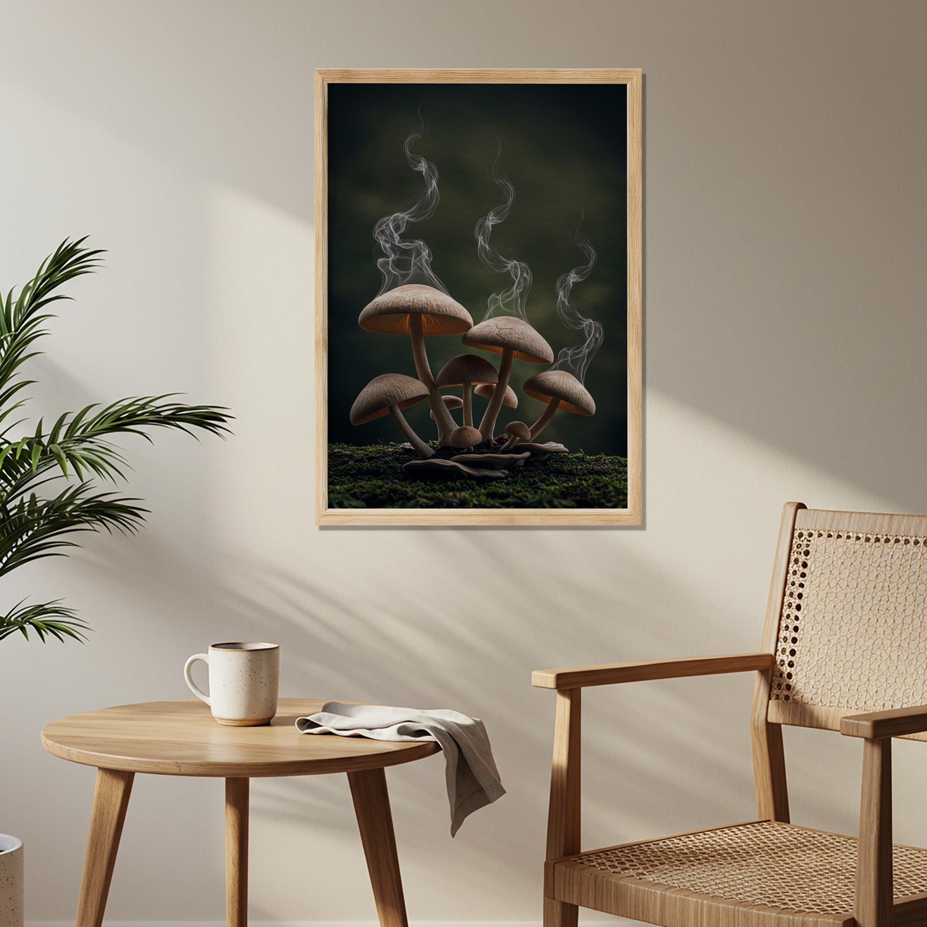 Surreal Moody Mushroom Wooden Poster, Smoking Fungi Fantasy Art Print ...