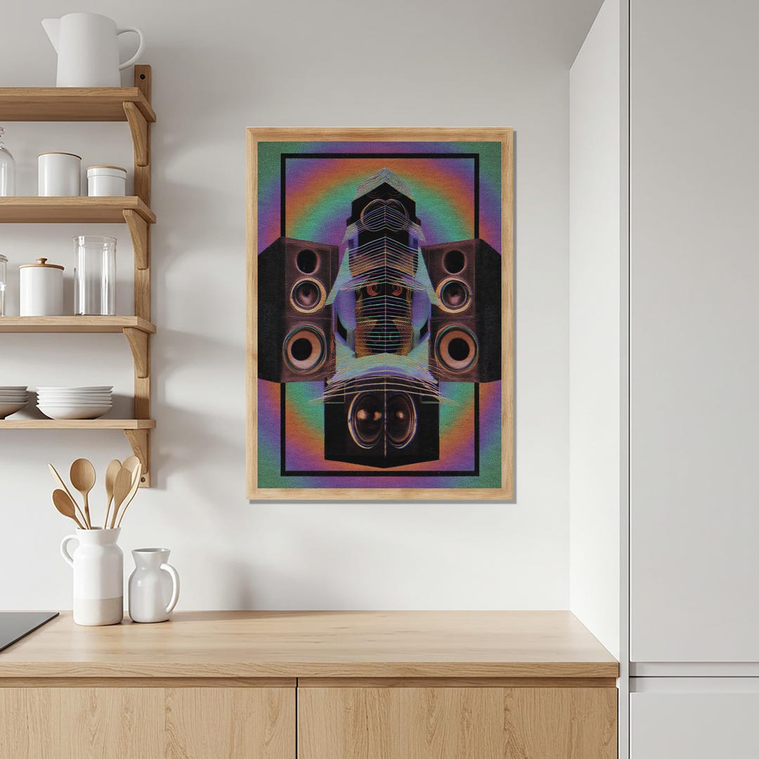 Retro Futuristic Speaker Wall Art, Wooden Framed Music Print