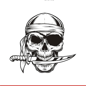Skull with Knife SVG, Pirate Skull Clipart, Knife in Mouth Skull Vector, Laser Cut File, Digital Download