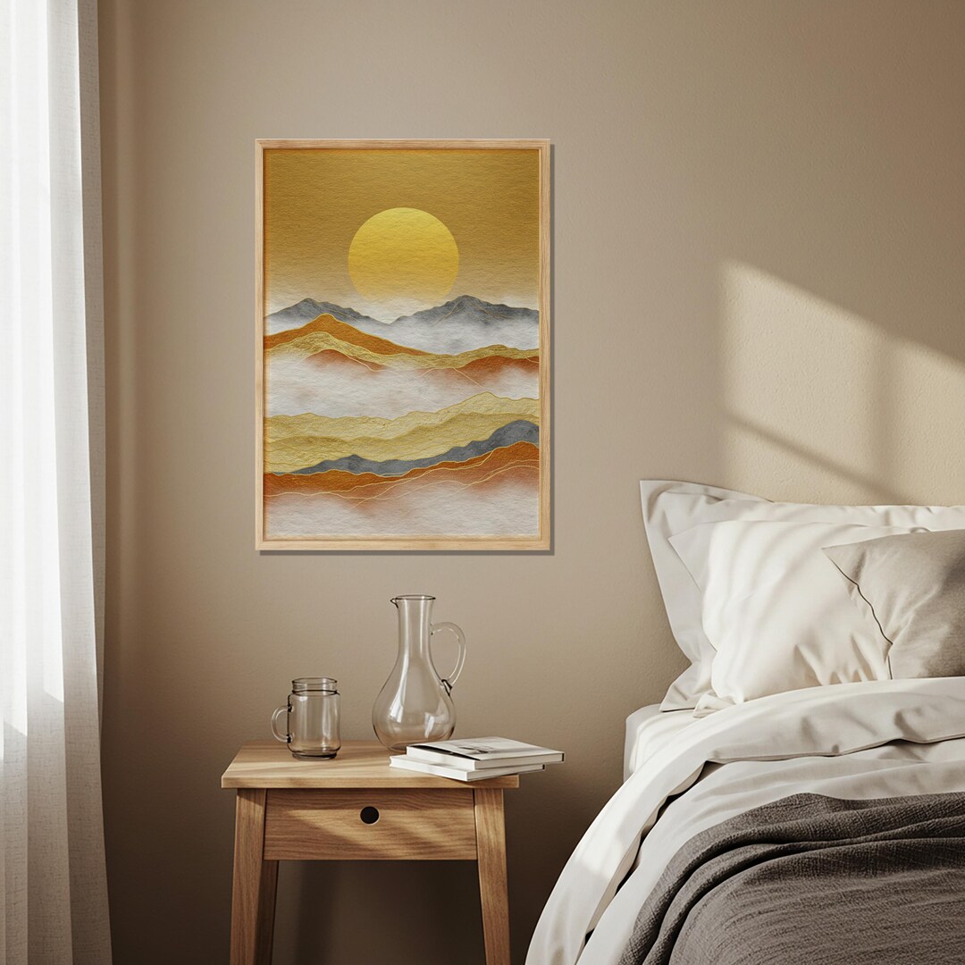 Golden Mountain Sunset Art Print, Abstract Landscape Poster, Warm and ...