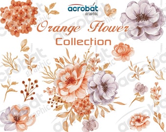Watercolor Orange Flower Clipart: Autumn Rose Bouquet (Digital Download PNG Set, 18 Piece)