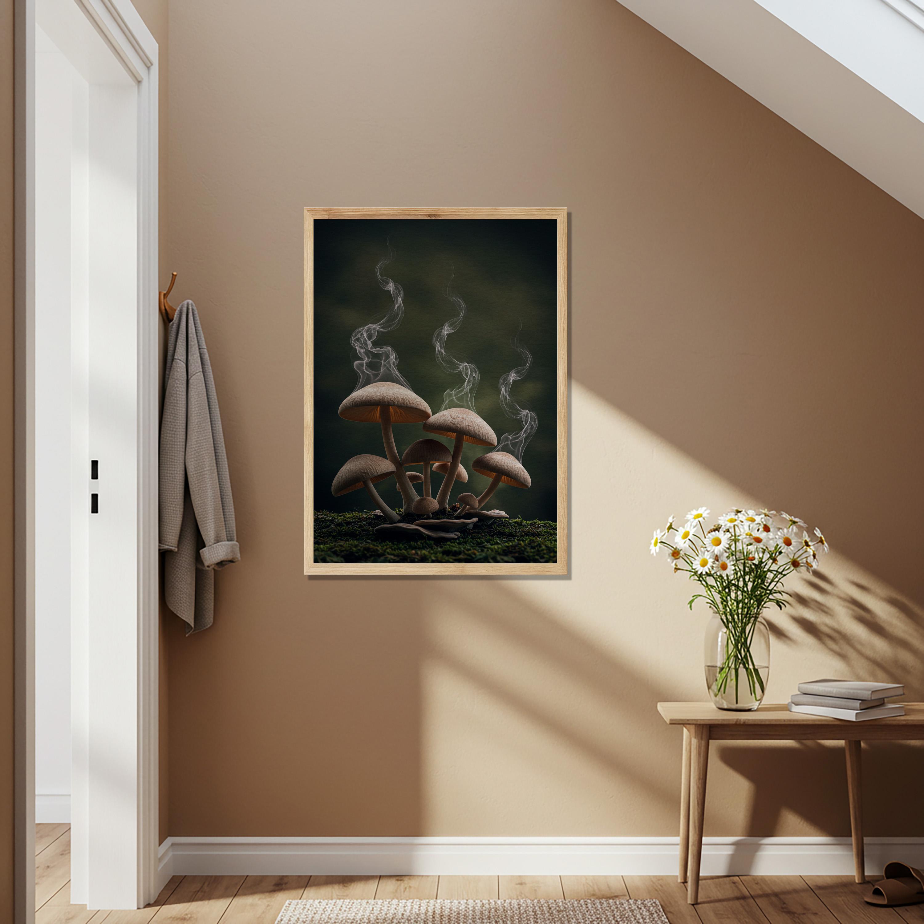 Surreal Moody Mushroom Wooden Poster, Smoking Fungi Fantasy Art Print ...