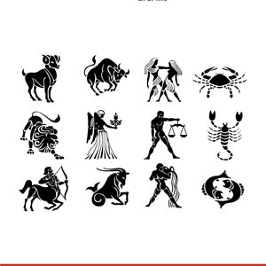 Zodiac Signs SVG Bundle, Horoscope Clipart Pack, Aries Taurus Gemini Cancer Leo Virgo, Digital Astrology Vectors, PNG PDF Dxf Eps
