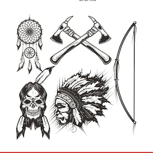 May include: Black and white illustration of Native American themed imagery.  The image includes a dreamcatcher, two crossed tomahawks, a bow and arrow, a Native American chief's headdress, and a skull with feathers.