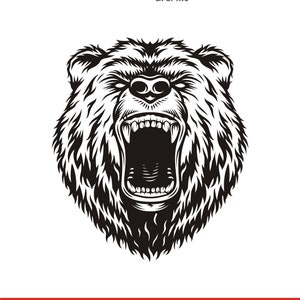 May include: Black and white illustration of a bear's head with its mouth open and teeth showing. The bear has a fierce expression.