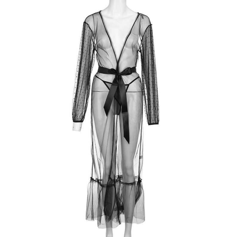 Sheer Kimono Robe Long Nightgown Robe Black See Through Etsy