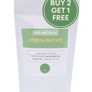 Könnte beinhalten: Ein weißer Standbeutel mit Desmedona Lithium Orotate 175mg Tabletten. Das Etikett hat grüne Akzente und den Text "Lithium Orotate", "FOOD SUPPLEMENT/ Elemental Lithium 7mg" sowie "Suggested use: 1 Tablet daily with water".