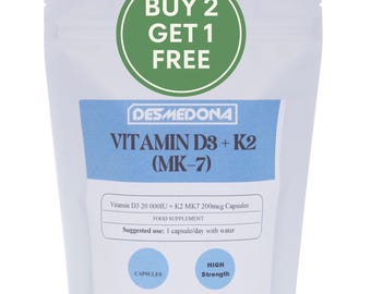 Vitamin D3 20000IU K2-MK7 200mcg kapslar, Vitamin D3 K2-MK7 veganska kapslar, hög styrka och kvalitet, EU-säljare