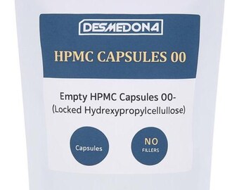 May include: A white pouch containing HPMC Capsules 00. The pouch has a blue label with the text "DESMEDONA" and "HPMC CAPSULES 00". Below the text is "Empty HPMC Capsules 00-" and "(Locked Hydrexypropylcellullose)". The pouch also has the words "Capsules" and "NO FILLERS".