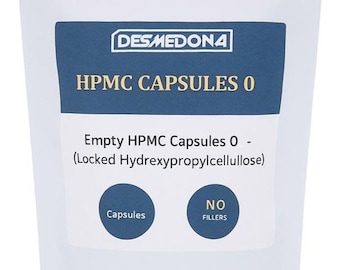 May include: A white pouch with a blue label displaying "DESMEDONA" and "HPMC CAPSULES 0". The label also states "Empty HPMC Capsules 0 - (Locked Hydrexypropylcellulose)" and "NO FILLERS". A white capsule is visible.