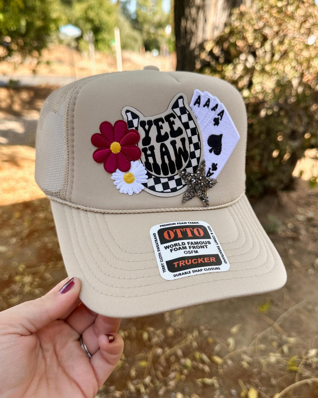 Khaki Yee-haw Patch Trucker Hat | Western Patch Trucker Hat | Otto ...